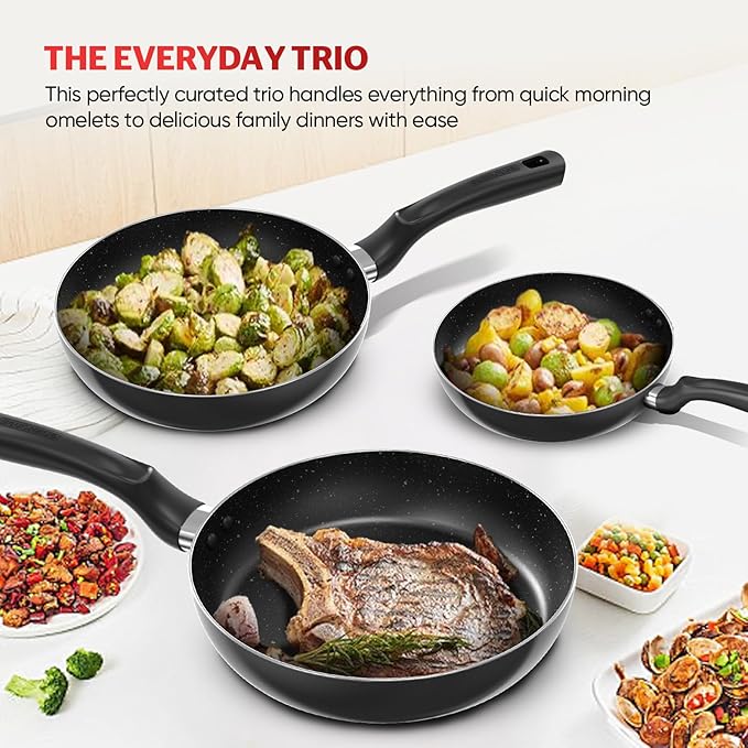 Sunhouse 3-Piece Nonstick Frying Pan Set - 8", 9.5", 11" Aluminum Frying Pan with Non-Stick Coating, PFOA-FREE, Stay-cool Handles - Gas, Ceramic