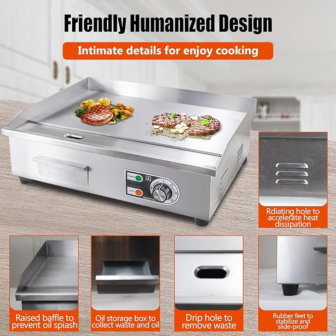 22" Commercial Electric Griddle,Electric Countertop Flat Top Griddle,110V 1600W Electric Flat Top Grill,Non-Stick Restaurant Teppanyaki Stainless Steel Grill,Adjustable Temperature Control