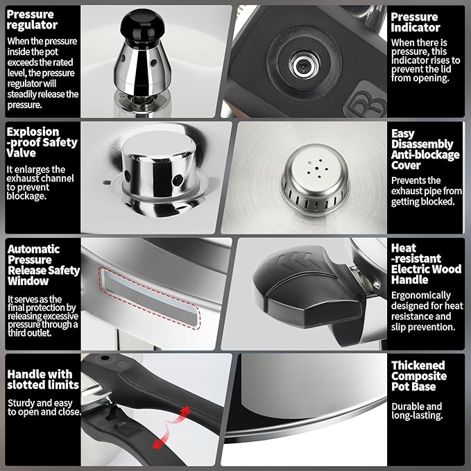 Stainless Steel Pressure Cooker, 6.3 Quart Induction Compatible Pressure Cooker with Pressure Indicator Safeguard Devices,Compatible with Gas & Induction Cooker