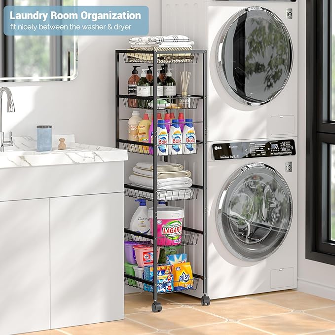 Fruit Vegetable Basket for Kitchen, 6 Tier Fruit and Vegetable Storage Cart, Metal Wire Storage Baskets with Wheels, Small Rolling Cart Organizer Rack for Pantry, Living Room, Bathroom