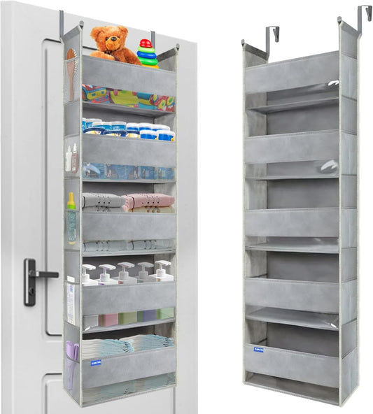 Extra Large Over The Door Organizer Storage 5-Shelves and 10 Side Pockets, Heavy Duty Hanging Door Organizer for Closet Bathroom Bedroom Nursery Pantry, Grey