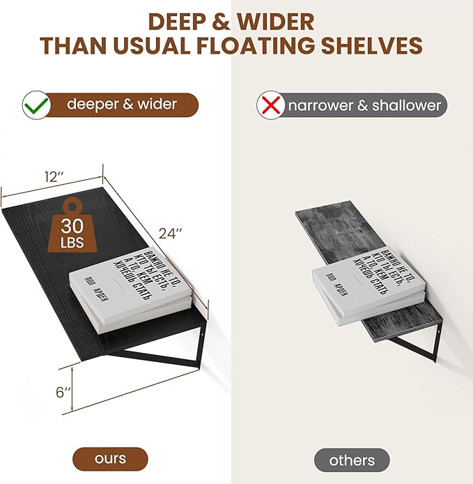 Heimlove Black Deep Floating Shelves for Wall, 24W x 12D Wood Wall Shelves Set of 2, Wide Floating Bookshelf for Living Room, Kitchen, Office, Bedroom and Decor Storage, with Metal Bracket - Black