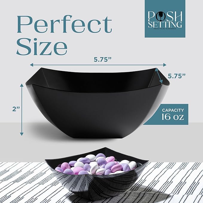 Posh Setting - Black Plastic Serving Bowls (16oz - 4 Pack) Square, Disposable, Salad & Fruit Bowls for Party Table, Candy Containers for Candy Buffet