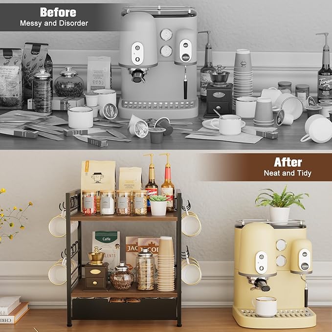 Coffee Bar Organizer, 3 Tier Coffee Station Organizer for Countertop, 30 K Cup Pod Drawer, Mug Cup Holder Stand With 12 Hooks, Multifunctional K Pods Shelf Storage Holder Drawer