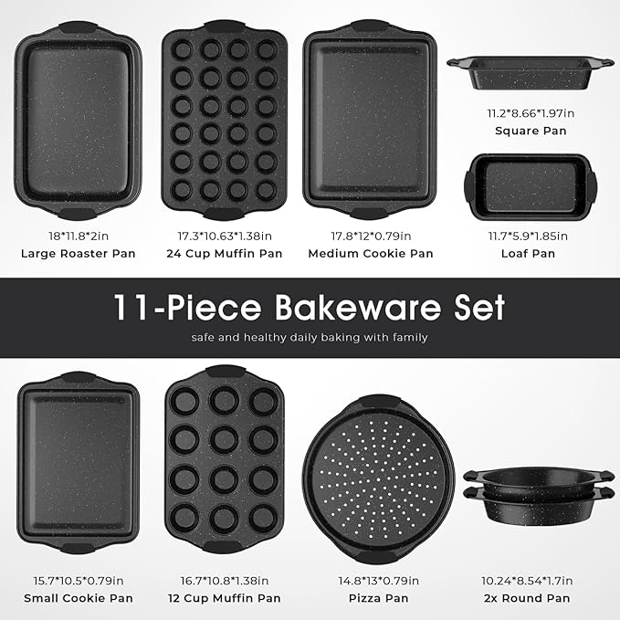 11-Piece Nonstick Baking Pan Set, Stackable Bakeware Sets, Oven Pans for Baking with Silicone Handles, Includes Cookie Sheet, Cake Pans, Loaf Pan, Pizza Pan, Muffin Pan, Black