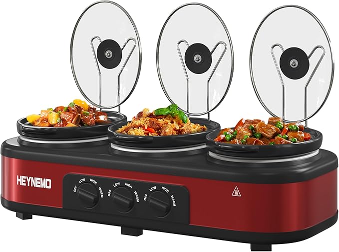 Triple Slow Cooker, 3 X 1.5QT Slow Cooker with 3 Cooking Settings, Buffet Servers and Warmers with Dishwasher-Safe Ceramic Pot, Glass Lid, Red