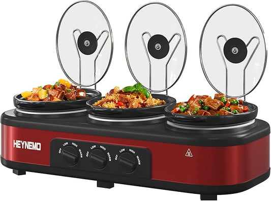 Triple Slow Cooker, 3 X 1.5QT Slow Cooker with 3 Cooking Settings, Buffet Servers and Warmers with Dishwasher-Safe Ceramic Pot, Glass Lid, Red