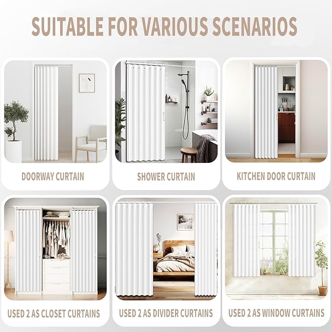 Vatge Door Curtains for Doorway, Folding Door Curtain Interior Closet Curtain for Bedroom, Bathroom, and Laundry Room, Pleated Door Curtains for Doorway,1 Panel with Tieback, W39 x L78, White
