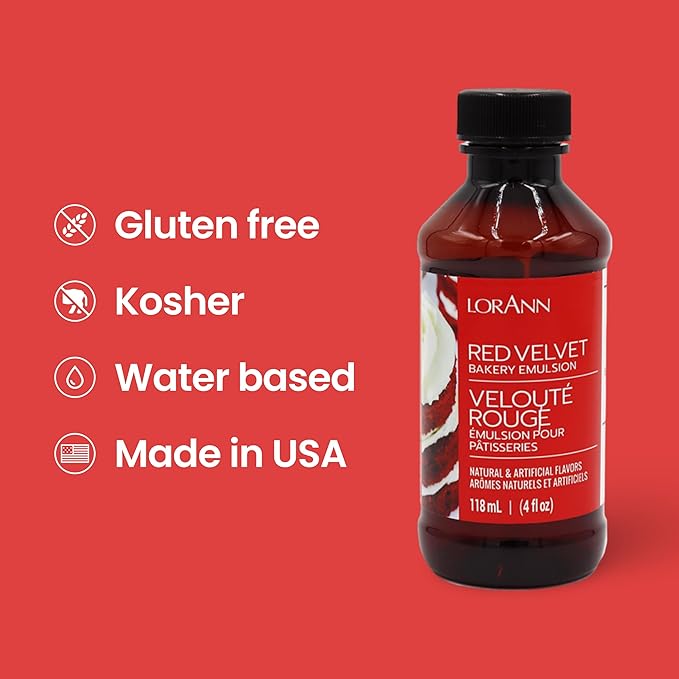 LorAnn Oils Red Velvet Bakery Emulsion: True Essence, Ideal for Boosting Fruit Tones in Cakes, Cookies & Desserts, Gluten-Free, Keto-Friendly, Extract Substitute Essential for Your Kitchen, 4 Oz
