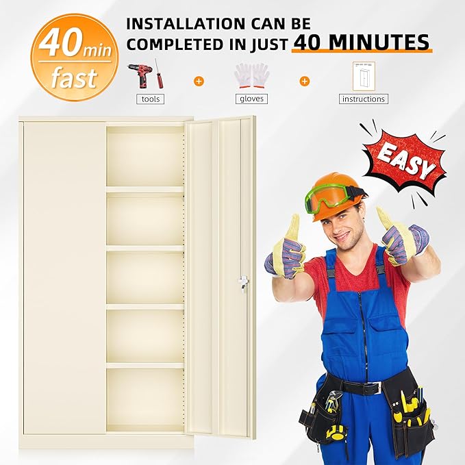 INTERGREAT Metal Garage Storage Cabinet, Black Lockable File Cabinet with 2 Doors and 4 Adjustable Shelves, Tall Steel Tool Cabinets for Office, Home, Garage, School, Gym