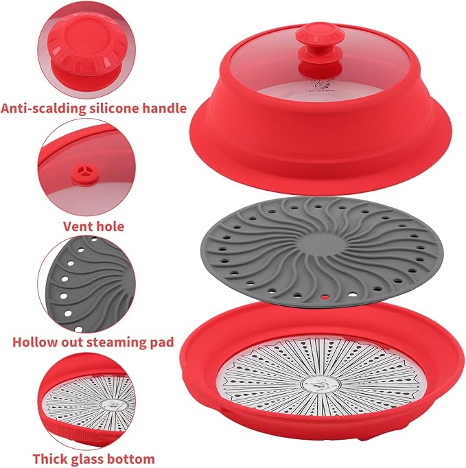 Microwave Splatter Silicone Cover Collapsible Steamer, Vented Multifunction Splash Lid with Glass Dish Bowl Plate for Food Cooking Bacon Maker, Dishwasher Safe BPA-Free 10.5 inch Cookware Set