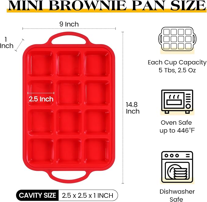 1 Pc Square Brownie Pan With Dividers Mini Silicone Brownie Pan for Baking Individual Nonstick 12 Cups Square Muffin Cupcake Pans with Metal Reinforced Frame (Red)