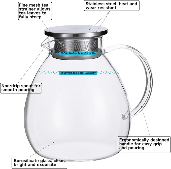68OZ/2000ML One Touch Glass Teapot with Stainless Steel Filter Lid, Stovetop & Microwave Safe Tea Maker Water Kettle, Strainer & Cover 2 in 1 Loose Leaf Tea Steeper Pot Coffee Carafe