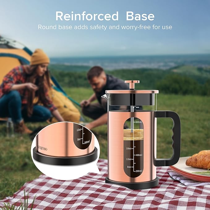 QUQIYSO French Press Coffee Maker, 304 Stainless Steel French Press with 4 Filter, Heat Resistant Borosilicate Glass, Easy to Clean, BPA Free Coffee Press Rust-Free Coffee Maker, 34 ounce, Copper