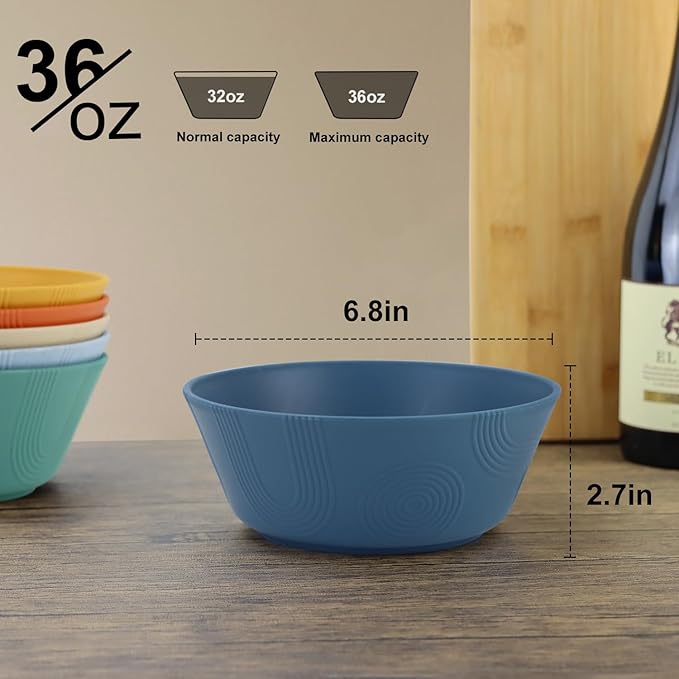 Wheat Straw Bowl Sets with Textured Pattern,6 PCS Unbreakable Cereal Bowl 36 OZ,Microwave and Dishwasher Safe Bowls, Alternative Plastic Bowls for Kitchen,Camping,Apartment and Dorm