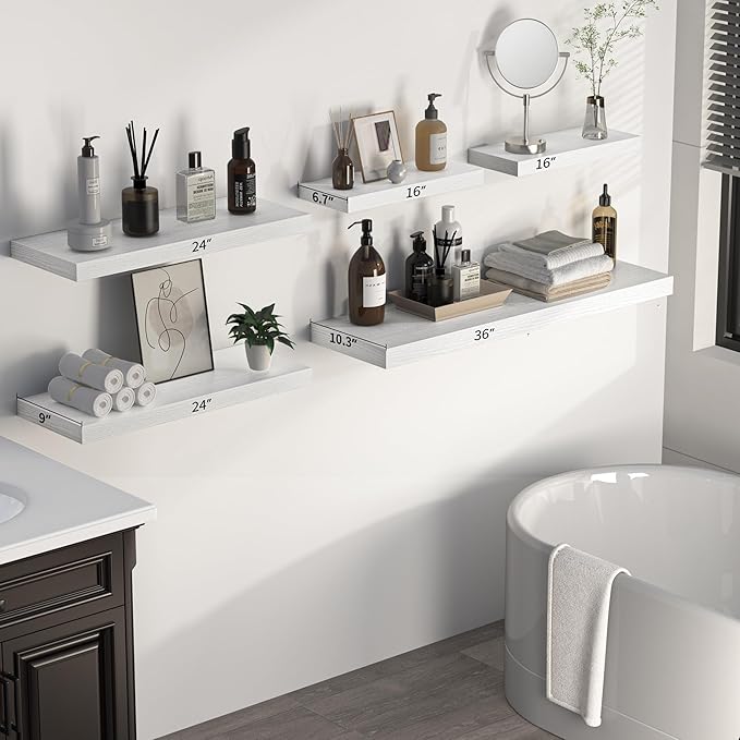 Floating Shelves - 24 Inch Rustic Wooden Wall Shelves - Extra Deeper & Thicker Wall Mounted Storage Shelf for Living Room, Kitchen, Farmhouse - 24" W x 9" D x 1.6" H - Rustic White, 2 Pack