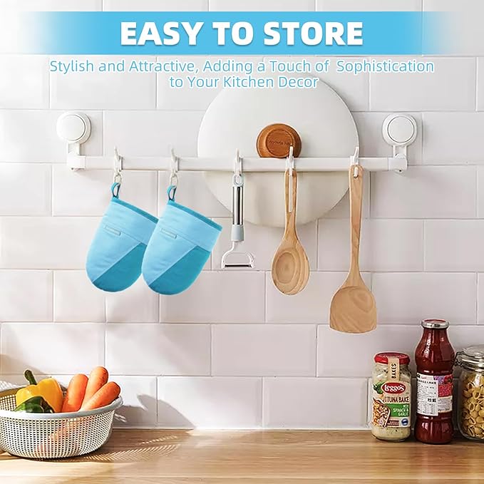 Mini Oven Mitts, Kitchen Oven Gloves Kitchen Mittens 500 Degrees Heat Resistant Baking Gloves, Non-Slip Silicone Surface with Hanging Loops Hot Gloves for Cooking, Baking, BBQ 1 Pair-Blue