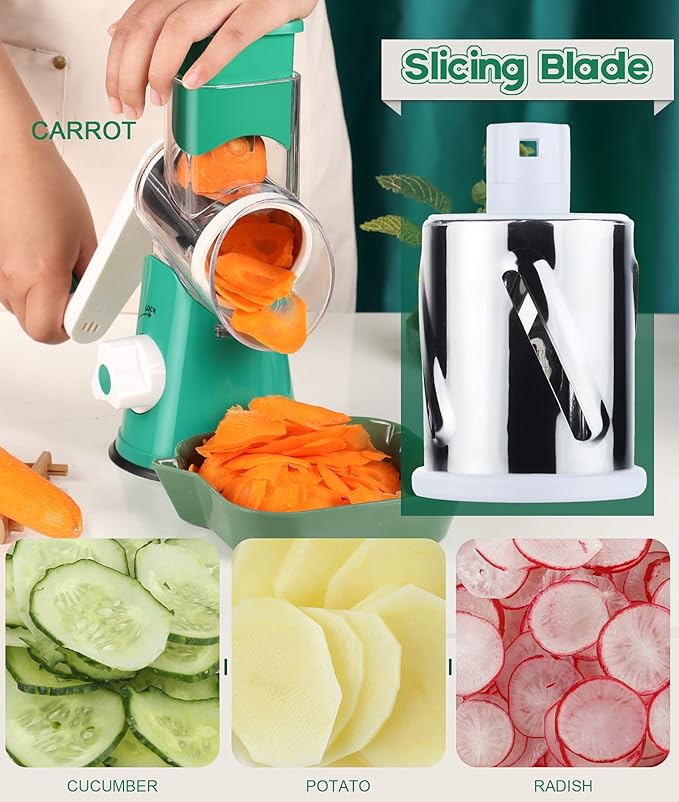 Ourokhome Rotary Cheese Grater Hand Crank, Kitchen Shredder Speed Mandolin Slicer Nut Grinder with Handle and Drum Blades for Cheese, Vegetable, Walnut, Chocolate, Potato, Carrot, 3 Blades, Emerald