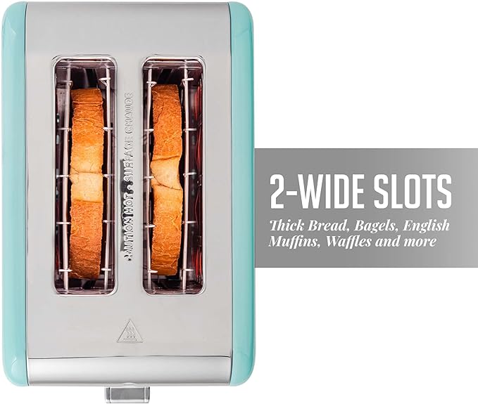OVENTE Electric 2 Slice Toaster Machine with 6-Shade Browning Selector Setting, Cancel, Defrost, Bagel Buttons, Removable Crumb Tray and Extra Wide Slots for Toasting Breads & More, Turquoise TS2450T