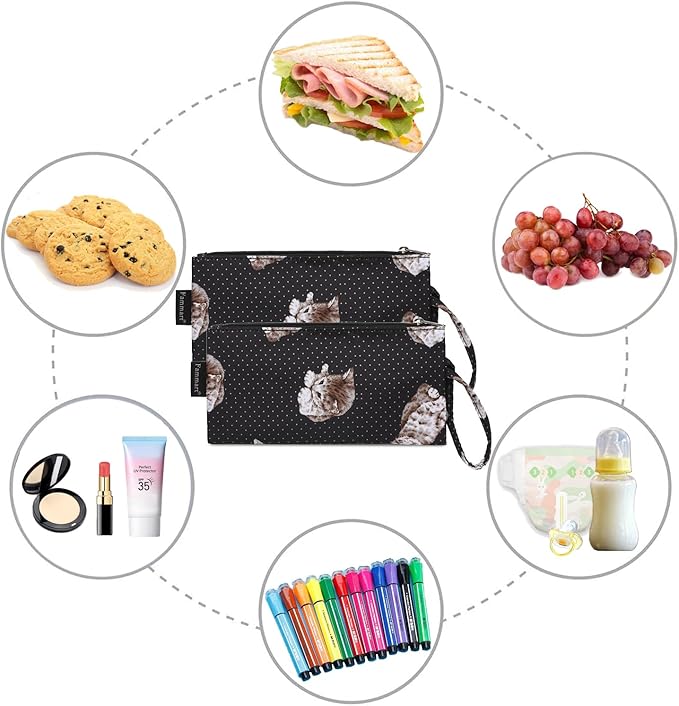 Reusable Sandwich Bag/Snack Bag for Kids & Adults, Dual Layer Lunch Bag with Handle, Washable, Food Safe, BPA Free (2-Pack, Dot&Cat)