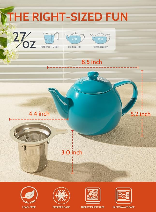 Sweese Teapot, Porcelain Tea Pot with Stainless Steel Infuser, Blooming & Loose Leaf Teapot - 27ounce, Steel Blue
