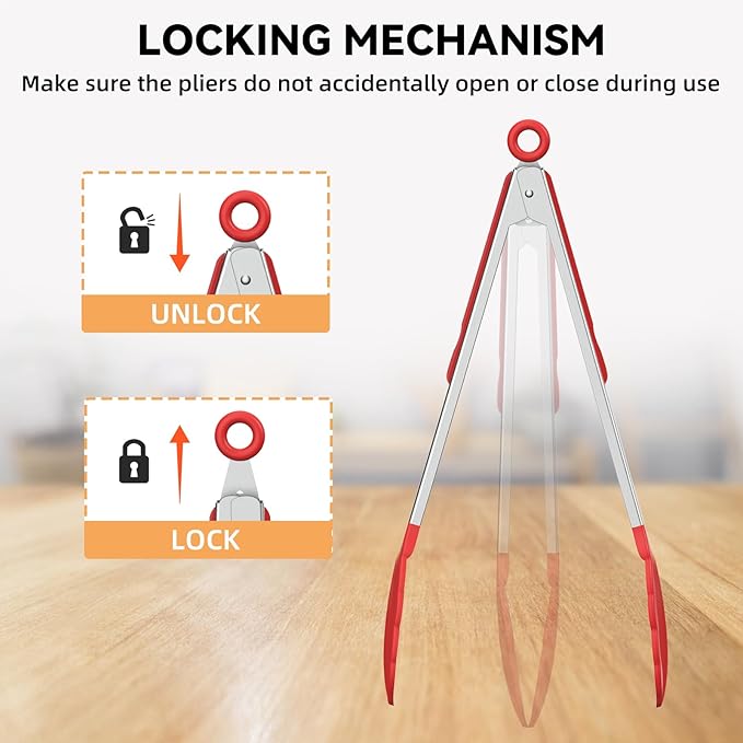 NileHome Tongs for Cooking, Professional Stainless Steel Cooking Tongs – Heat-Resistant for Grilling, BBQ, Serving Salad, Pasta, and Kitchen Use, Dishwasher Safe, Set of 7" 9" 12", Red