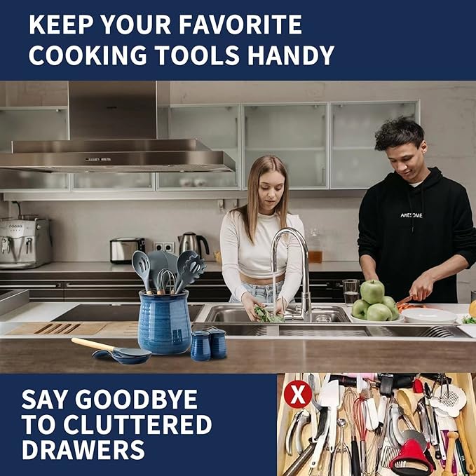 Hasense Extra Large Utensil Holder Crock for Kitchen Counter - 7.1” x 5.9” Vintage Farmhouse Blue Ceramic Caddy Utensil Organizer and Rustic Table Decor for Spatulas, Spoons, and Other Cooking Tools