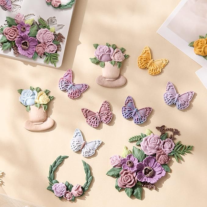 Rose Fondant Molds, Flower Pot Bouquet Butterfly Chocolate Cake Decorating Silicone Molds for Cupcake Topper, Candy, Sugar Craft, Floral Paste, Mousse, Gum Paste, Epoxy Resin, Polymer Clay, Home Decor