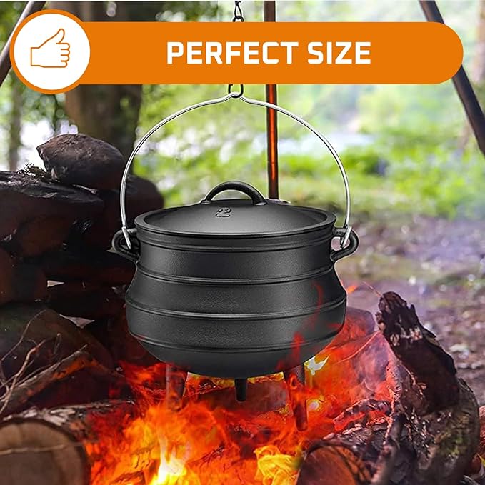 Bruntmor 12 Quart Cast Iron Dutch Oven Cauldron Pot - Camping Cookware with Lid - Pre-Seasoned Heavy-Duty Potjie for Stews, Soups, Braising, and Frying Over Fire Pit Grill or Camp Stove - Black