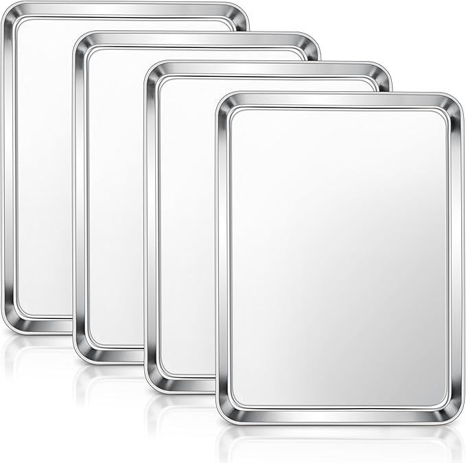 E-far Baking Sheets Set of 4, 16” x12” x 1” Stainless Steel Cookie Sheets Pans for Oven, Non-toxic Metal Trays for Baking Cake Cookie, Healthy & Rust Free, Mirror Finish & Dishwasher Safe