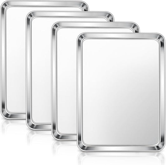 E-far Baking Sheets Set of 4, 16” x12” x 1” Stainless Steel Cookie Sheets Pans for Oven, Non-toxic Metal Trays for Baking Cake Cookie, Healthy & Rust Free, Mirror Finish & Dishwasher Safe