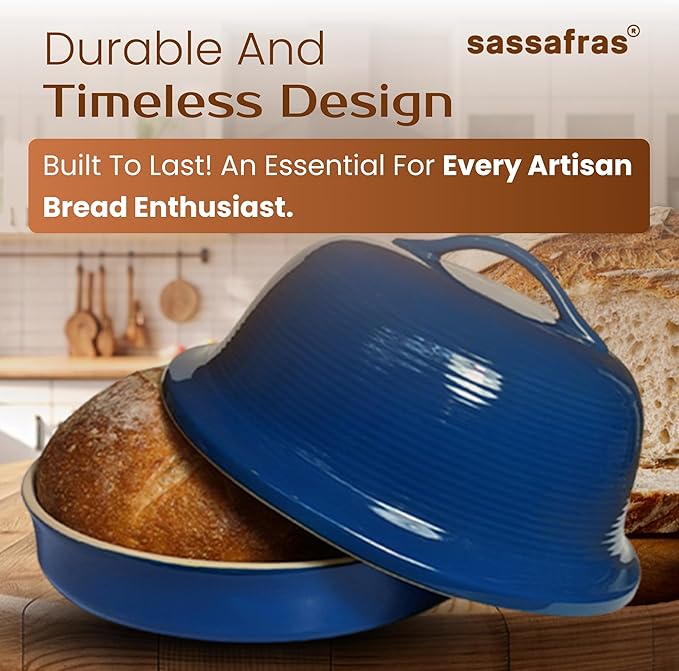 Sassafras Superstone® Stoneware La Cloche® Bread Baker with Blue Glazed Exterior and Unglazed Interior Bakes an Artisan Bread with Crusty Crust and a Light Crumb