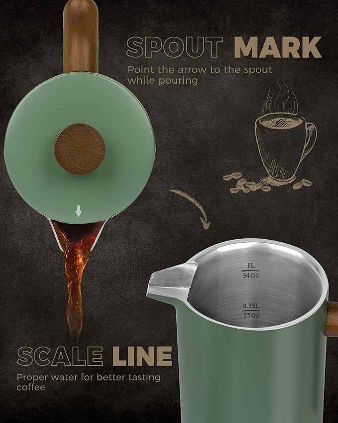 POLIVIAR French Press Coffee Maker, 34 oz Coffee Press with Real Wood Handle, Double Wall Insulation & Dual-Filter Screen, Food Grade Stainless Steel for Good Coffe and Tea (Flatland)