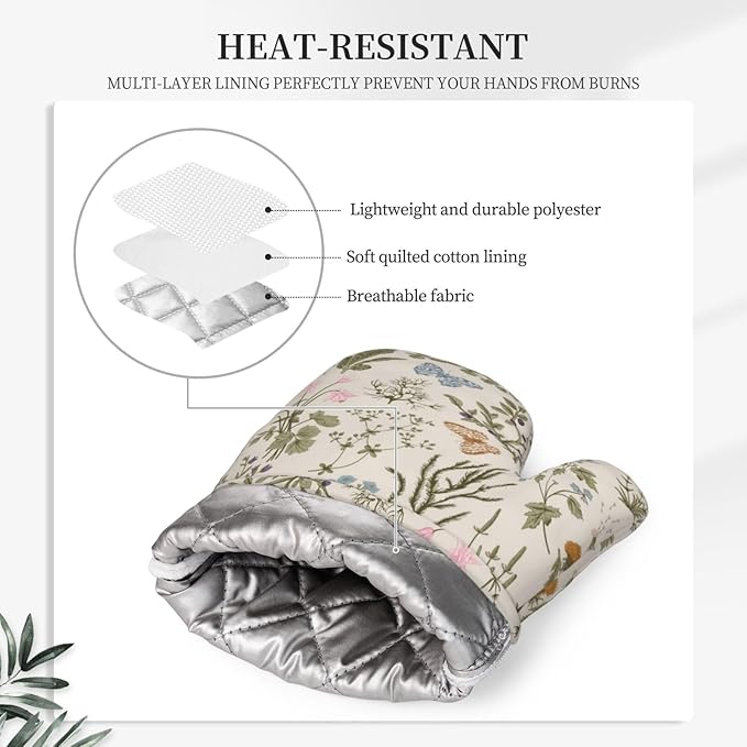 Vintage Wildflower Herbs Floral Rustic Butterfly Oven Mitts and Pot Holders Sets Silicone Kitchen Mitts Potholders Heat Resistant 4Pcs Oven Gloves Hot Pads for Kitchen Baking Cooking