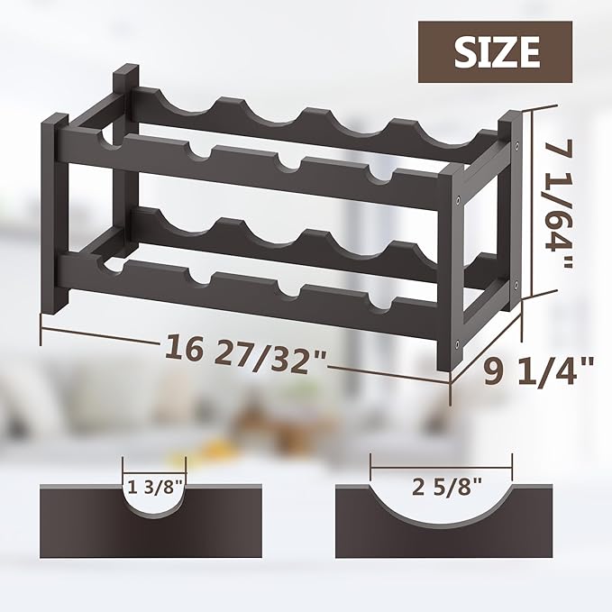 BAMEOS Bamboo Wine Rack, 2 Tier Wine Racks Countertop Storage, Wine Bottle Holder Wine Rack freestanding Floor for Kitchen, Bar, Pantry, Wine Cellar, Basement,Study, (16.85 L x 9.25W x 7H) Espresso