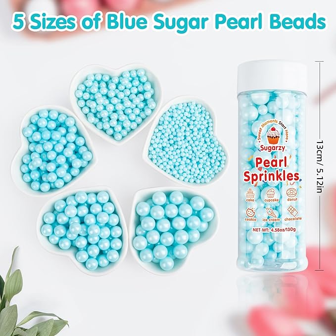 Edible Pearl Sprinkles,Blue Pearl Sugar Sprinkles,130g/4.58oz Mix Size,Baking Edible Cake Decorations, Cupcake Toppers,Cookie Decorating Donuts Ice Cream Toppings,Wedding Party Supplies