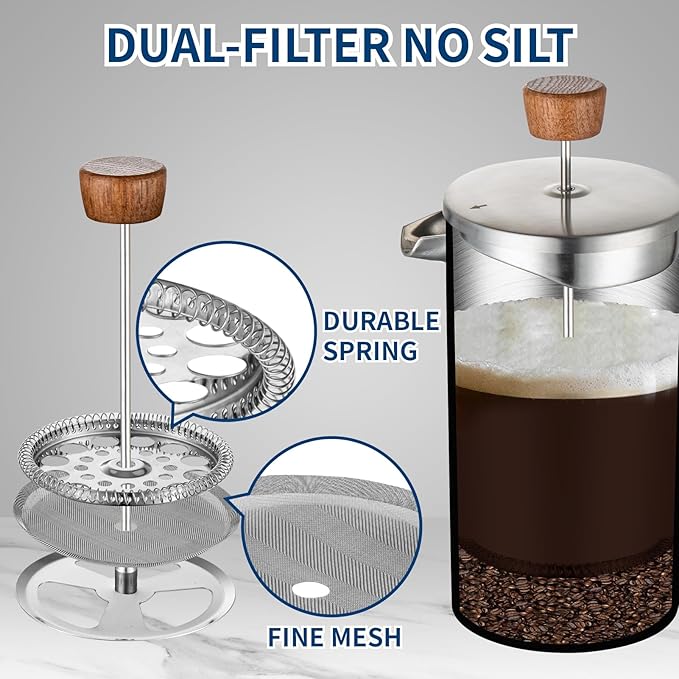 BERTILLE french press coffee maker, 34OZ 304 food stainless steel French press coffee maker with solid wood handle, double-layer insulation and 3-layer filtration system (silver)