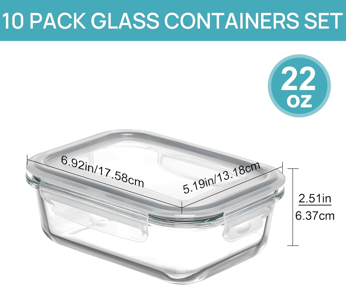 Vtopmart 10-Pack 22oz Glass Storage Containers with Snap Airtight Lids, Safe for Microwave, Oven, Freezer, and Dishwasher
