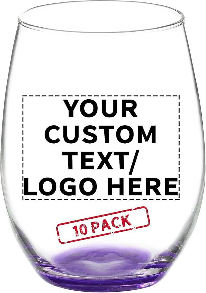 DISCOUNT PROMOS 10 ARC Stemless Wine Glasses Set, 21 oz. - Customizable Text, Logo - Chardonnay, Cabernet, Merlot, Sauvignon - Purple