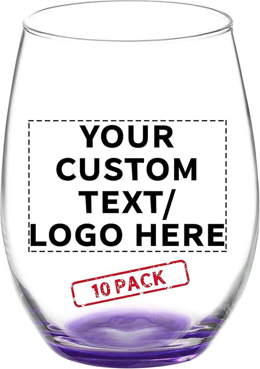 DISCOUNT PROMOS 10 ARC Stemless Wine Glasses Set, 21 oz. - Customizable Text, Logo - Chardonnay, Cabernet, Merlot, Sauvignon - Purple