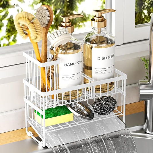 Sponge Holder for Kitchen Sink, 2 Tier Sink Caddy Organizer with High Brush Holder, Self-Draining Sponge Holder for Sinks, Soap Dispenser Organizer, Rustproof 304 Stainless Steel, White