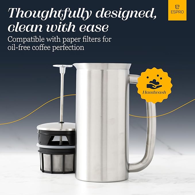 ESPRO P7 French Press Coffee Maker - Double-Walled Stainless Steel Insulated with Micro-Filter, 18 Oz, Brushed Stainless Steel