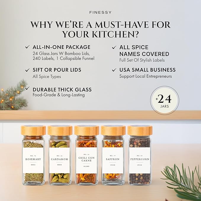 FINESSY Bamboo Glass Spice Jars with Labels and Shaker Lids Clear Empty 4oz 24 Pack Bottles Set, Glass Spice Containers with Labels, Seasoning Organizer Jars