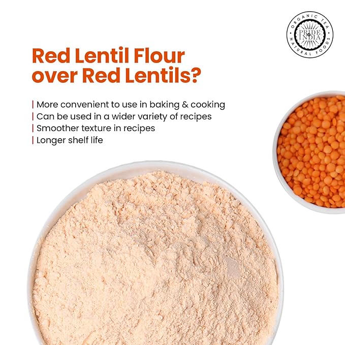 Pride of India- Red Lentil Flour 1 lbs (454 gm) Hint of Sweetness Slightly Nutty Earthy Flavor Freshly Milled in Small Batches |Ideal for Cakes Sauces Pasta Crepes Meatballs | Vegan, Gluten Free