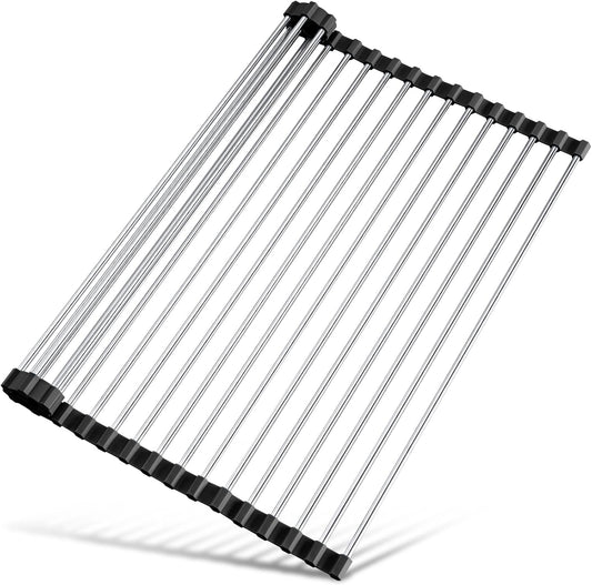 Tomorotec 17.7" x 12.5" Roll Up Dish Drying Rack Over Sink Drying Rack Sink Cover Kitchen Sink Accessories Gadget Multipurpose Organizer Foldable Stainless Steel Drainer