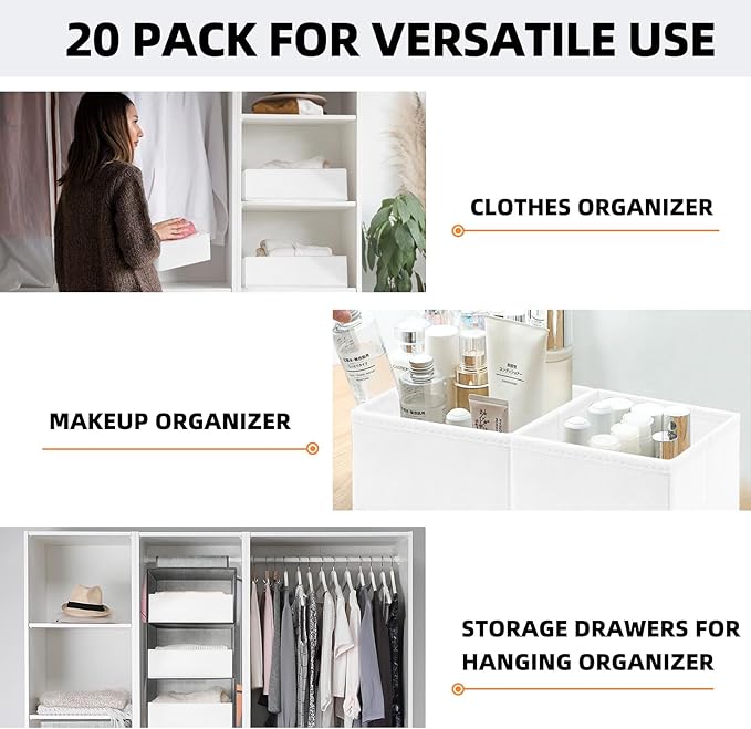 Criusia Drawer Organizer Clothes, 20 Pack Dresser Organizer Bins for Nursery Bedroom, Closet Organization and Storage Dividers for Clothing, Baby Clothes, Underwears, Socks (White)