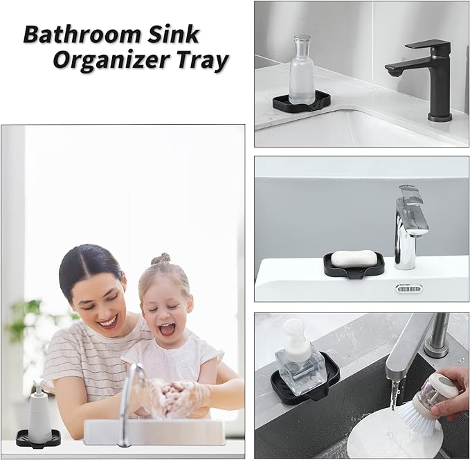 Silicone Bathroom Soap Dishes with Drain Spout-Bathroom and Kitchen Sink Organizer,Sponge Holder,Dish Soap Tray,Perfect for Dispenser,Scrubber,Bottle,Cup on Sink or Counter-Black 4.9"×3.2"