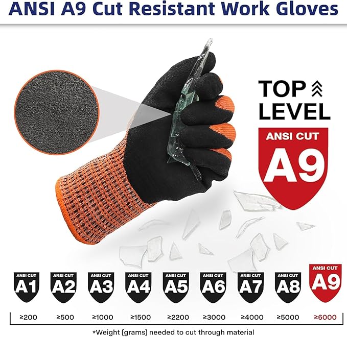 Schwer ProGuard Highest Level Cut Resistant Work Gloves PR3326 for Extreme Protection，ANSI A9 Cut Gloves with Reinforced Thumb, Non Slip, Breathable, Durable, Touch-screen, Non PFAS, Orange 1 Pair（L）