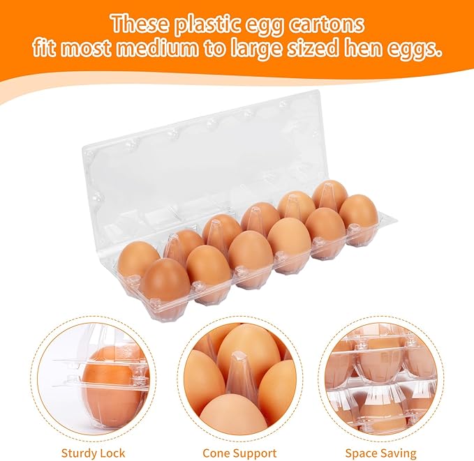 60 Pack Plastic Egg Cartons Cheap Bulk One Dozen Clear Empty Egg Cartons for Chicken Eggs, Reusable Egg Holders for Home Ranch Chicken Farm, Commercial Business Market Display, 2x6 Grids, Large