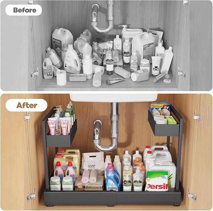 Expandable Under Sink Organizer with 3 Ball-Bearing Slide Rails , 2-Tier Pull-Out Under Cabinet Storage Shelf for Kitchen & Bathroom , Height-Adjustable Slide-Out Cabinet Drawer （Black, 1-Pack）